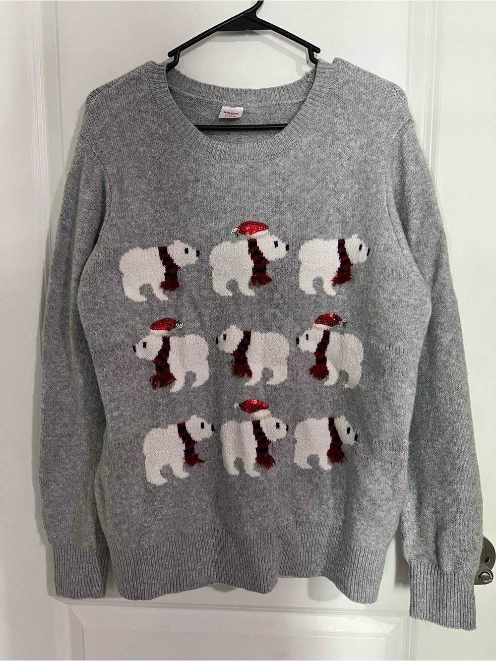 Holiday Time Grey Crewneck Sweater with White Polar Bears and Red Accents